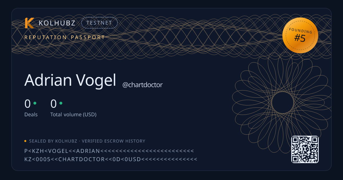 Adrian Vogel reputation passport card — 0 escrow-verified deals