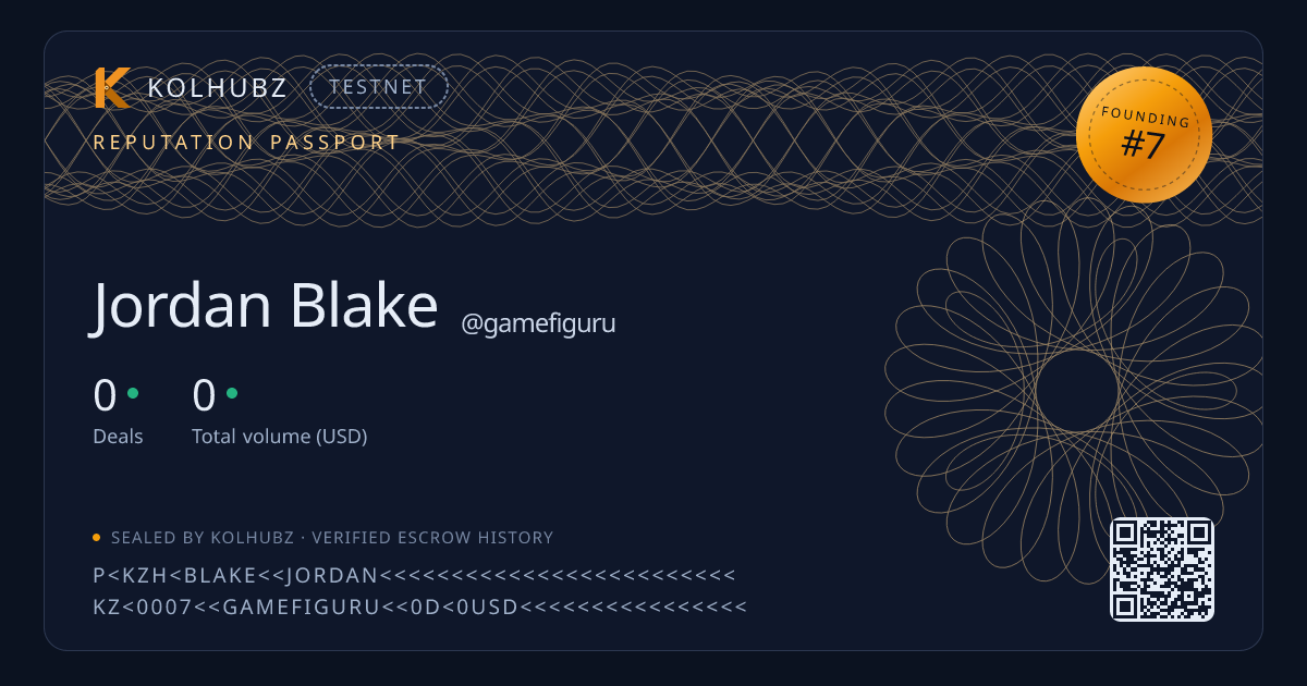 Jordan Blake reputation passport card — 0 escrow-verified deals