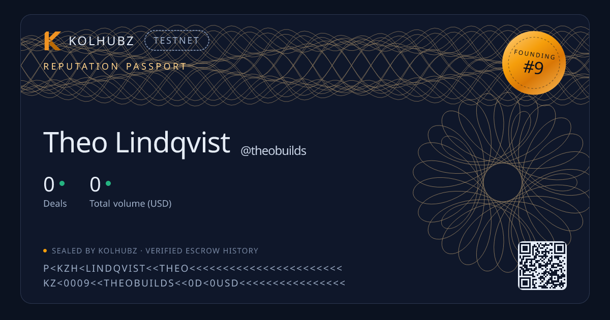 Theo Lindqvist reputation passport card — 0 escrow-verified deals
